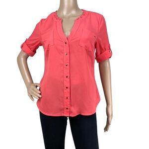 Bebe Coral Lace Up V-Neck Button Front Blouse XS